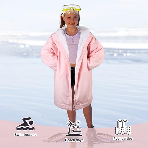 Image of Catalonia Waterproof Kids Swim Parka with Hood, Sherpa Lined Swim Coat with Inner Pocket & Write-On Name Tag