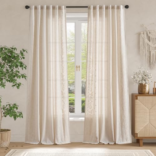 Image of jinchan Ivory Floral Linen Curtains for Living Room 108 inch Back Tab 2 Panels