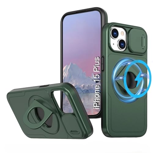 Image of LuxuryKase MagSafe Shockproof Rugged Back Case for iPhone 15 Plus | Finger Ring Kickstand & Sliding Camera Cover | Military Drop Protection | Wireless Charging Support - Dark Green