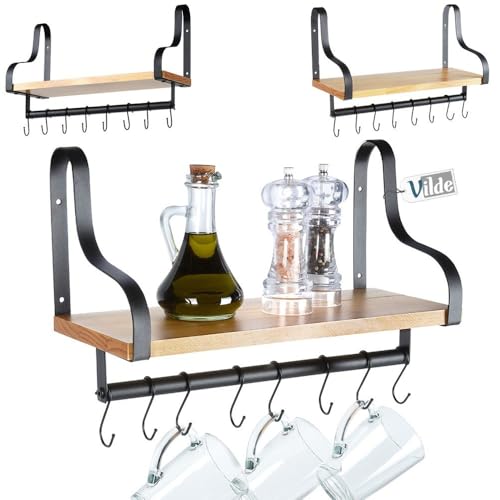 Vilde Estantería colgante de pared, estantería de cocina, con ganchos de madera, 43 x 18 x 26 cm