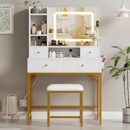 GarveeHome Makeup Vanity Desk with Mirror, Desk with Lights in 3 Colors, Girls Vanity Table with Charging Station, 4 Drawers, 6 Storage Shelves for Bedroom, White Gold