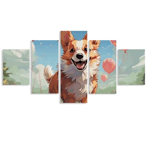 Toile corgi et ballons peinte en 5 pièces pour habiller un mur vide