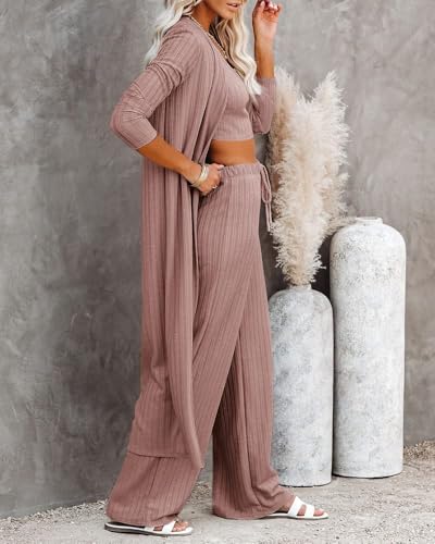 Image of Fessceruna Womens 3 Piece Lounge Pajamas Sets Cute Vacation Matching Set | Pj Sets, Airport Travel Outfits, Bedroom, Winter Fall Loungewear , Cotton, Christmas
