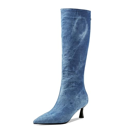 SHEMEE Women's Denim Knee High Boots Kitten Heels Pointed Toe Dress Jeans Mid-Calf Boots Zipper Tall Boots