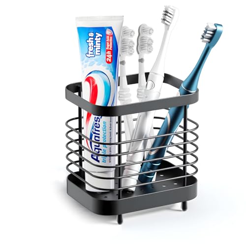 Hayder Toothbrush Holders for Bathroom, Stainless Steel Rustproof Toothbrush Toothpaste Holder, Bathroom Accessory Storage and Organizer, Free Stand and Wall Mount, Black