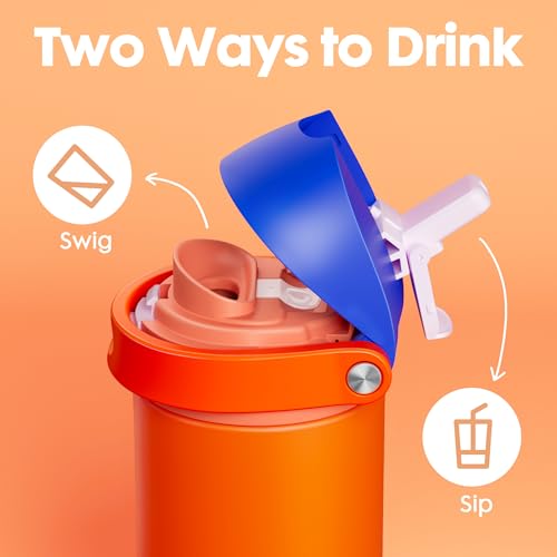 Image of 18 oz Insulated Water Bottle for Kids: Meoky Metal Water Bottle with 2-in-1 Straw and Spout Lid - Leak Proof, Cold for 24 Hours, BPA-Free for Boys School Sports, Blue Citrus