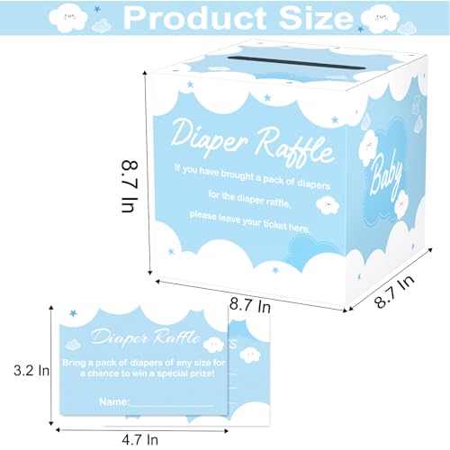Image of Diaper Raffle Tickets with Card Box, 50 Blue Raffle Tickets and Box for Baby Shower Game, Gender Reveal, Oh Baby Theme Party Decorations