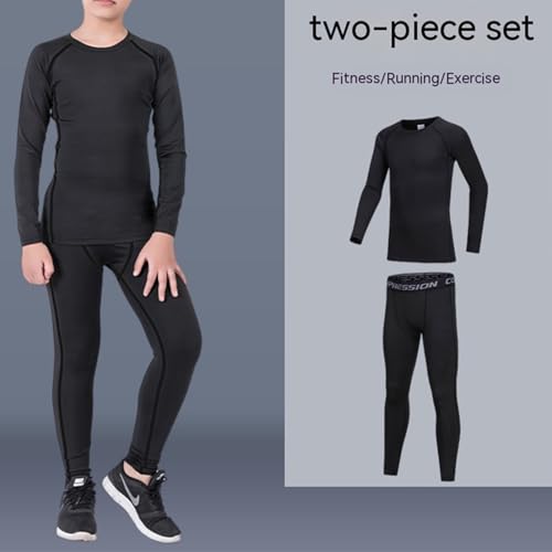 Holimaid Kids Boys Thermal Underwear Long Sleeve Base Layer Sets Athletic Compression Suit Ideal for Football Sports Performance (Black, 160) - Image 2