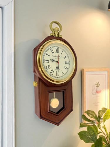 Image of Franklin & Murphy Vintage Wall Clock with Pendulum | Antique Wooden Wall Clock Oxford Design | Roman Numeral Decorative Clock | Silent Quartz Non-Ticking Classic Wall Decor