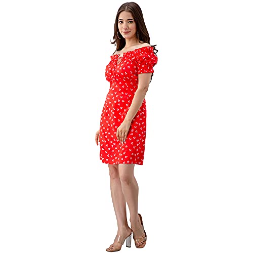 Image of Women Floral Print RED Color Off Shoulder Dress