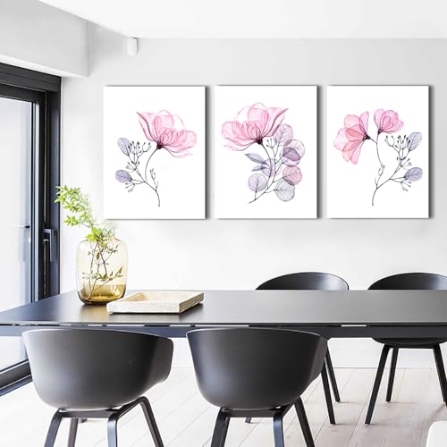 DZRWUBHS Frame Canvas Wall Art For Bedroom Wall Decor For Living Room Kitchen Wall Decoration Pink Flowers Wall Paintings Office Wall Pictures Print Artwork Room Mural Home Decor 16x24 3 Pieces