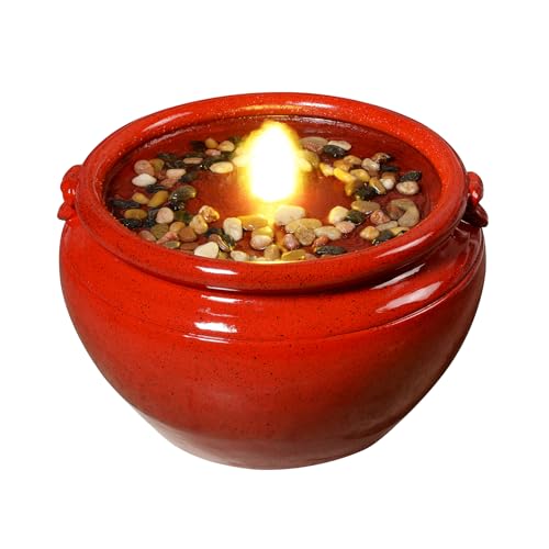 MSEONWXI Red Glazed Resin Outdoor Water Fountain with LED Lights - Modern Garden Fountain for Patio Decor, Rustic Design Water Feature with River Rocks for Yard 24396
