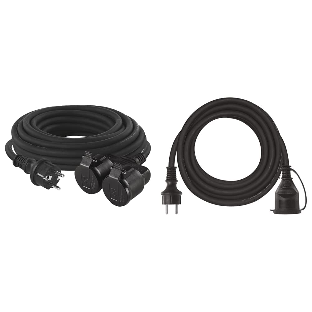 EMOS P0702 Verlängerungskabel mit 2 Schuko Steckdosen, 15m, Doppel-Verlängerung, 2 Schutzkontakt Buchsen & P01805 5 m Schuko, Gummi-Verlängerungskabel für den Außenbereich, H07RN-F3G 1,5 mm2, 5 Meter