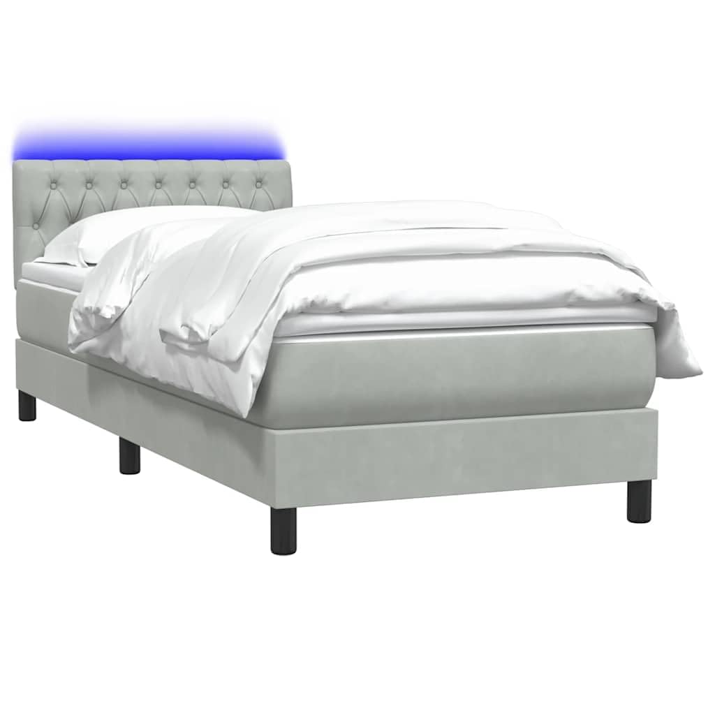 Aksamitny z materacem kieszeniowym do sypialni z LED Szary 80x210 cm | Łóżko kontynentalne 80x210 z materacem sprężynowym, topperem i oświetleniem LED, aksamitne, jasnoszare, z regulowanym