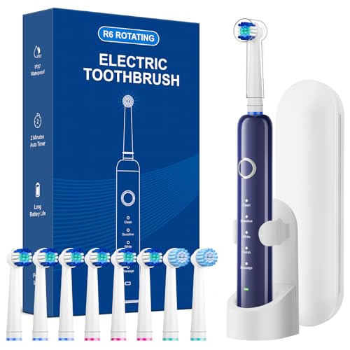 Image of Rotating Electric Toothbrush for Adults, 8 Brush Heads (2 Types) & Travel Case, 5 Cleaning Modes Rechargeable Power Toothbrush with 2-Minute Smart Timer, Blue