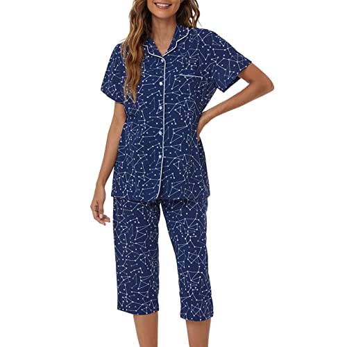 Image of Tugege Capri Pajamas Set Womens Button Down Short Sleeve Lounge Sets Sleepwear Notch Collar Top & Capri 2 Piece PJ Sets