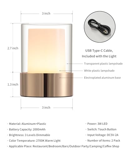 Image of 4 inch Gold Cordless Table Lamp 2 Pack, Outdoor Rechargeable Lamp