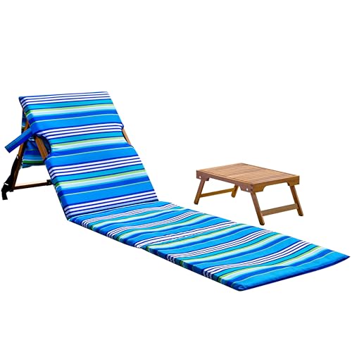 Melino Portable Beach Mat Lounge Chair and Wooden Table – Heavy Duty Folding Lounger Backpack for Adults, Outdoor, Pool, Lawn, Patio, and Tanning, Stripe Pattern