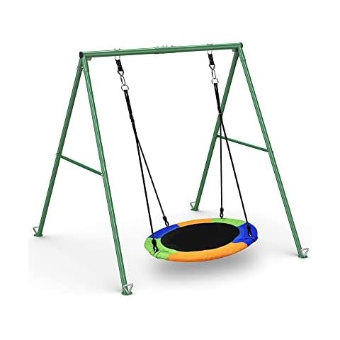 PACEARTH 440lbs Capacity Flying Saucer Swing Set with Heavy Duty A-Frame Metal Swing Stand, Full Steel, Outdoor for Kids, Backyard, Playground, Outdoor Cover