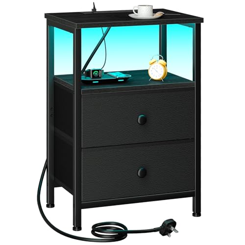 LOAKEKEL Bedside Table with LED Light Small Side Table with Charging Station Nightstand with 2 Fabric Drawers and Open Storage Shelf Bedside Cabinet for Living Room Bedroom Black UHETS02BK-1
