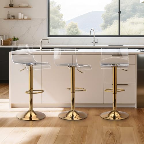 Lessmore Clear Bar Stools Set of 3 Acrylic Bar Stools Swivel Transparent Bar Stool Gold Bar Stool Adjustable Height Modern Bar Chairs for Kitchen Dining Room Gold