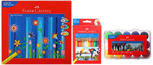 Image of Faber-Castell 48 Triangular Colour Pencils Poster Color Plastic Box - Pack Of 15 Oil Pastels (Pack Of 50), Ink black