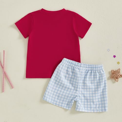Image of 4th Of July Toddler Boy Outfit Popsicle American Flag T-Shirt and Gingham Plaid Shorts Set Independence Day Clothes