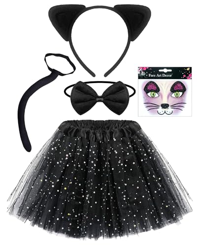 Hikkcos 5Pcs Black Cat Costume for Kids Girls Kitty Cat Noir Costumes Ears and Tail Halloween Party...
