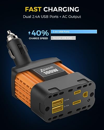 Ampeak 100W Car Power Inverter 4.8A Dual USB Ports AC Outlet 11 Safe Protections Cordless Cigarette Lighter Adapter for iPhone iPad