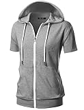 GIVON Womens Slim Fit Zip Up Hoodie Short Sleeve Thin Jacket Full Zip Sweatshirt with Plus Size / DCF207-GREY-L