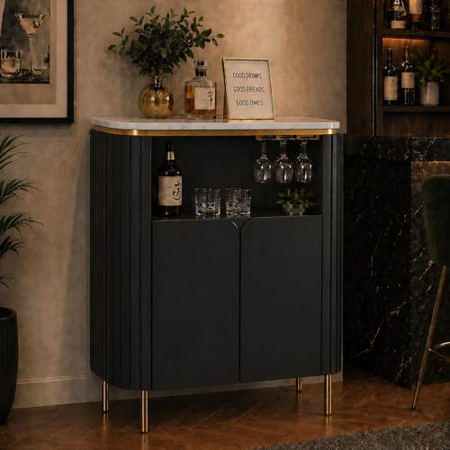Image of The Attic Carlston Bar Cabinet, Hard and Soft Drinks Bar Storage Cabinet, Wine Wisky Scotch, Round Bar for Home, Black & Gold Finish