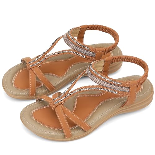 Image of UBFEN Womens Flat Sandals with Arch Support - T-Strap Thong Sandals with Elastic Back Strap, Comfortable for Walking, Bling, Rhinestone, Dressy