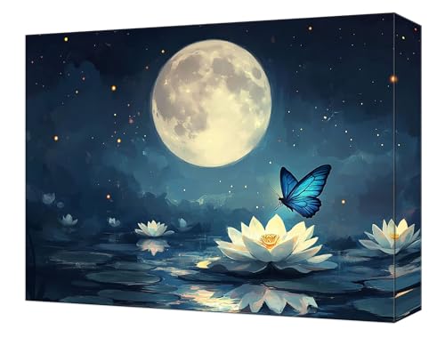 数字油絵 月 蓮 ペイントバイナンバーキット キャンバスに 初心者向け (フレームレス) 3本の絵筆付き 抗?帆布 DIY アクリル 子供 Paint by Numbers キット 大人用クラフト 簡単ペイント ?公室 ホームウォールデコレーション ギフト