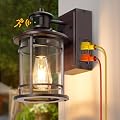 Retro Industrial Brown Outdoor Wall Lights with GFCI Outlet - Dusk to Dawn & Motion Sensor Porch Light, 3 Modes, Waterproof Anti-Rust Exterior Sconce for Porch,Garage, Patio, House