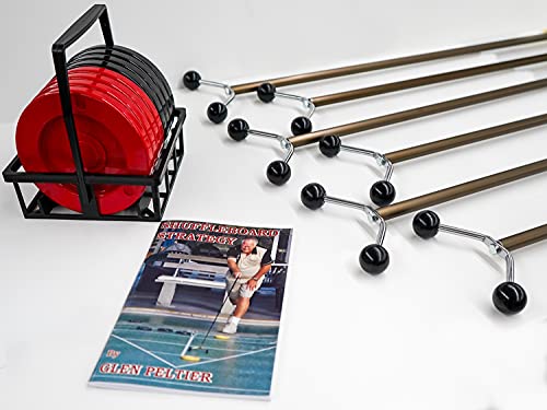 Allen Shuffleboard Family Shuffleboard Set with 6 cues (4-Adult 75″ & 2-Kid 48″) + Set of 8 Regulation 6″ Shuffleboard Discs with Carrier + Shuffleboard Strategy Book