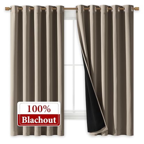 Image of NICETOWN 100% Blackout Curtains with Black Liners, Thermal Insulated Full Blackout 2-Layer Lined Drapes, Energy Efficiency Window Draperies for Bedroom (Taupe, 2 Panels, 70-inch W by 63-inch L)