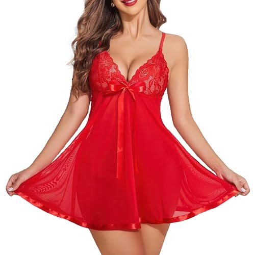 Image of SSoShHub Women's Lingerie Lace Babydoll Strap Chemise Mesh Sleepwear Outfits with G-String