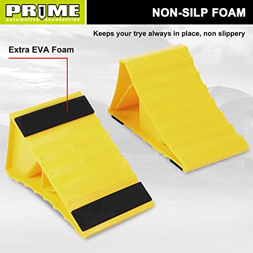 Image of PR1ME Wheel Chocks with Non-Slip Base for RV & Trailer. 2 Pack Heavy Duty Wheel Chock with Bright Yellow. Lightweight Wheel Stoppers for Cars Camper Trucks RVs, Fit for Most Tyre Sizes