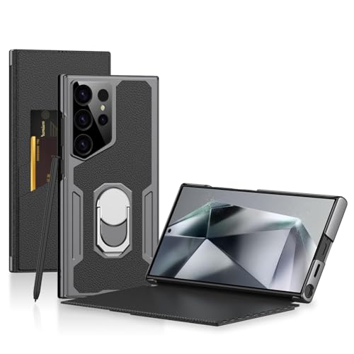 Image of Midkart Leather Flip Case Compatible with Samsung Galaxy S23 Ultra with Ring Holder Kickstand Card Holder Inner Hard PC Full Body and Camera Protection Case, Black