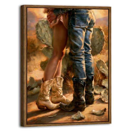 Image of Romantic Western Cowboy Cowgirl Canvas Wall Art - Desert Sunset Cactus Wall Decor Rustic Romantic Western Decor Sensual Wild West Artwork Southwest Painting for Living Room Office Bedroom 24x36 inch