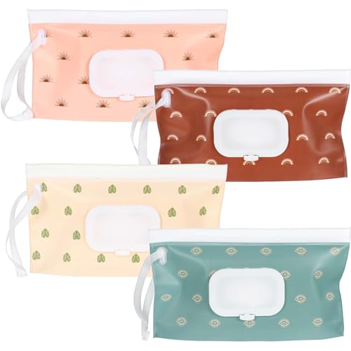 LXUEJIE 4 Stück Feuchttücher Tasche für Babys, Feuchttücher Box Unterwegs Wiederverwendbar Feuchttuchspender für Reisen und Transport(Muster)