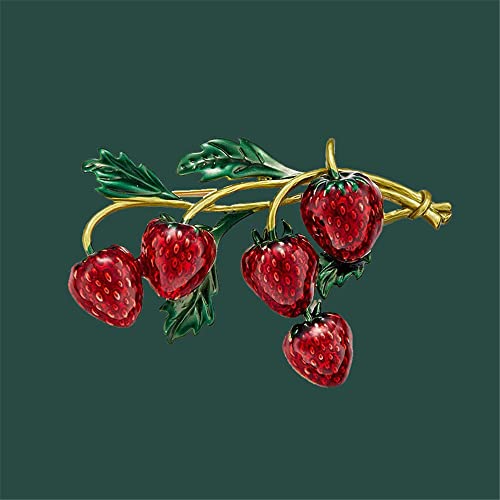 Image of Fashion Fruit Brooch Pin for Women Girls Gold Tone Cute Enamel Red Strawberry Green Leaf Branch Brooches Lapel Creative Dress Accessories Jewelry Dainty Retro Gift