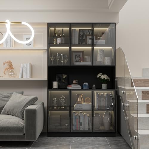 Black Glass Display Cabinet with Lights and Shelves