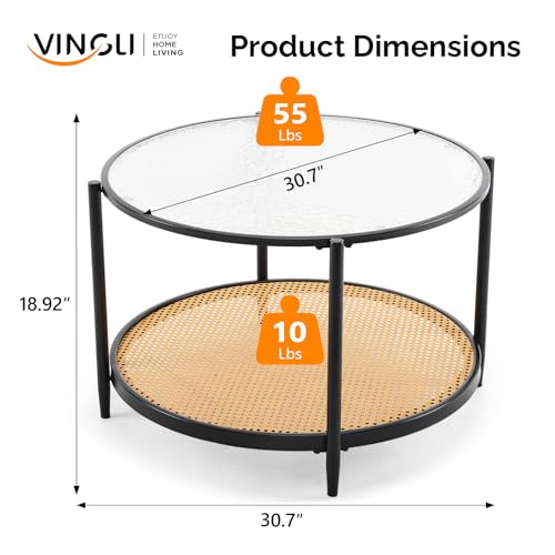 Image of VINGLI 30 inch Round Coffee Table with Rattan Shelf, Glass Coffee Tables for Home Decor, Modern Coffe Table with 2-Tier Storage, Circle Center Table for Living Room, Office, Small Space, Black
