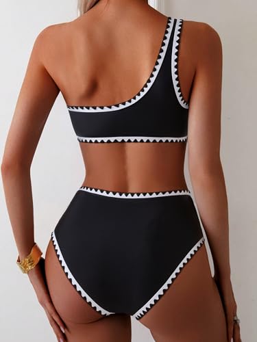 MOOSLOVER Women Bikini Sets One Shoulder High Waisted Swimsuit Whip Stitch 2 Piece Bathing Suits3