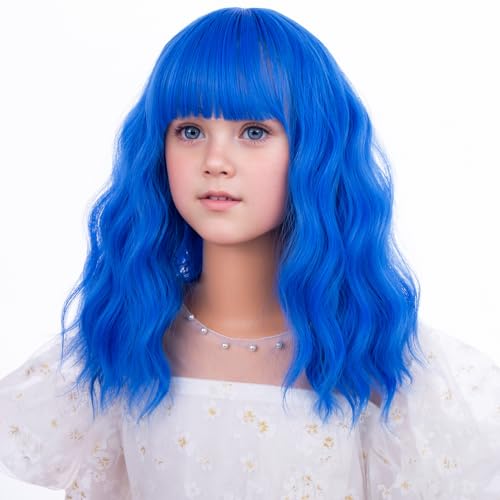 Image of PATTNIUM Kids Blue Wig Short Blue Wig with Bangs for Girls Children Mixed Blue Wigs Cosplay Party Synthetic Wigs(Mixed Blue)