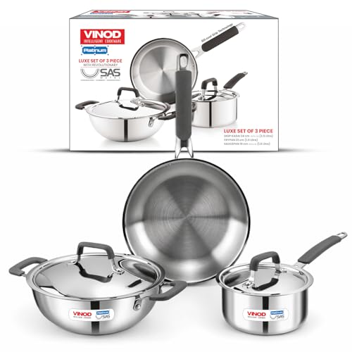 Vinod Luxury Edition Triply Stainless Steel Cookware Set 5 Pc | 24cm Kadai with Lid, 22cm Frypan, 16cm Saucepan with Lid | 2.5mm Thick | Induction & Gas Compatible | Cool Grip Handles | 100% Safe