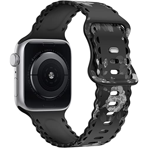 Image of Compatible with Apple Watch Band 41mm 40mm 38mm 49mm 45mm 44mm 42mm Women Girl, Rose Lily Print Lace Hollow-out Soft Silicone Sport Bands For iWatch Ultra SE Series 10 9 8 7 6 5 4 3 2, RosLiG-42