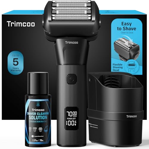 Electric Shaver for Men - Trimcoo 5-Blade Foil Razor Kit | Gentle on Sensitive Skin | Self-Cleaning Center, USB-C Charging, 180min Runtime, IPX7 Wet/Dry Use with Pop-Up Trimmer, Ideal Grooming Gift