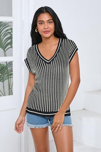 Image of SAUKOLE Women's Sweater Vest Casual V Neck Cap Sleeve Knit Pullover Tops | 2026 Spring Clothes, Soft Knit Shirts, Short Sleeves T-shirts, Tunic Blouses, Sweater Tank Tops